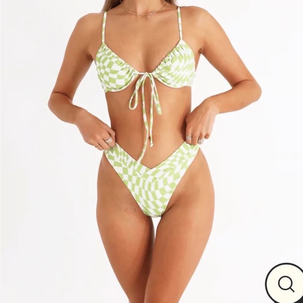 Green and White Geometric Bikini with Tie-Front Detail